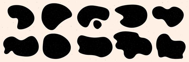 Organic shapes collection. Black irregular blobs with grain and noise texture. Abstract elements. Liquid forms space for text vector