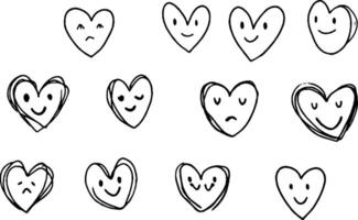 A grid of hand-drawn heart shapes featuring various facial expressions, including happy, sad, and neutral faces. The hearts are simple and playful, showcasing a range of emotions. vector