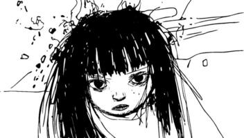 A black and white sketch of a girl with long, messy hair and an intense expression. The background features abstract shapes and lines, suggesting movement or chaos. vector