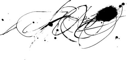 An abstract black ink splash design featuring dynamic lines and splatters on a white background, creating a sense of movement and creativity. vector