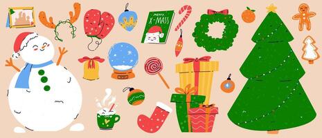 Set of Christmas elements with snowman and a bunch of presents, family photo frame, tangerine and glass ball with snow. Trendy illustration with retro dust texture. vector