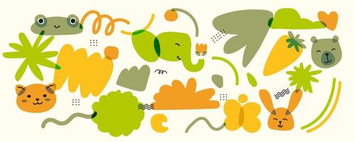 A set of trendy childrens items with animals. and natural objects. Bright colors with an overlay. Drawing with marker or riso print. contemporary illustration in green and orange colors vector
