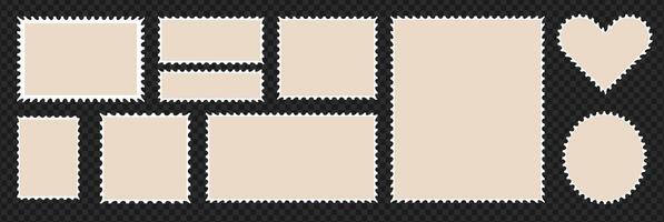 Set of postcard stamp frames, post elements. Vintage postal paper card. Label border in square and heart and elipse shapes. Transparent background as a . vector