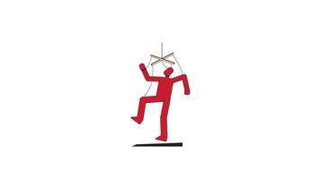 Red puppet lifted by strings in unbalanced pose 2D character animation. Psychological controlled hanging subordinate figure animated marionette cartoon 4K isolated on white transparent video