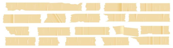 A set of plastic beige pieces of torn scotch tape. Trendy elements for designs with realistic texture. patches on white background vector