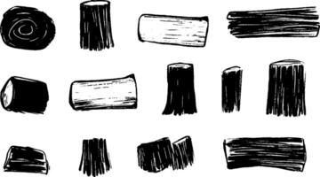 A collection of hand-drawn black and white wood logs and stumps in various shapes and sizes, showcasing different textures and patterns. vector