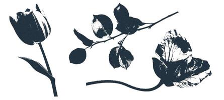 Grunge overprint flower stamp set with ink effect. Hand-drawn abstract floral and botanical elements in black and white. vector