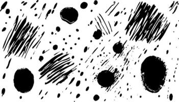 A collection of abstract black and white patterns featuring various shapes, lines, and dots. The design includes splashes, strokes, and circular forms, creating a dynamic visual effect. vector