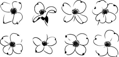 A collection of eight stylized black and white flower illustrations, showcasing various floral designs with delicate petals and intricate details. vector
