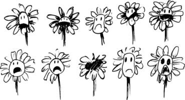 A series of ten cartoon-style flowers with varying facial expressions, including happy, sad, angry, and surprised. The flowers have simple, hand-drawn features and are arranged in two rows. vector