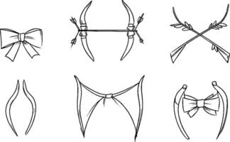 A collection of hand-drawn decorative elements featuring bows and arrows, including various styles of bows and horn-like shapes. Ideal for design projects. vector