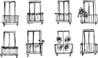 A series of nine simple sketches depicting various balcony designs. Each sketch features different arrangements of windows, railings, and potted plants, showcasing a variety of styles and decorations. vector