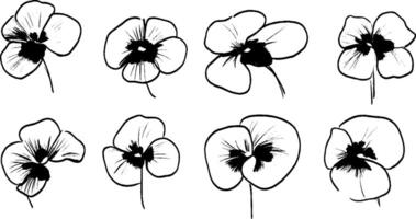 A collection of hand-drawn flower illustrations featuring various angles and styles of blooms. Each flower has delicate petals and a prominent center, showcasing artistic line work. vector