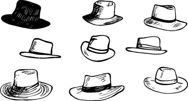 A collection of hand-drawn hats in various styles and shapes, including fedoras and wide-brimmed hats, displayed in a grid format. vector