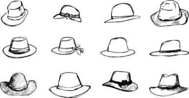 A collection of twelve hand-drawn hats in various styles, including wide-brimmed, cowboy, and sun hats, displayed in a grid format. vector