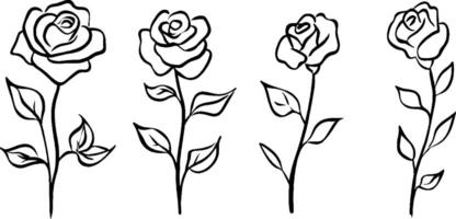 Four hand-drawn roses with varying designs, each featuring a stem and leaves. The roses are outlined in black, showcasing their elegant shapes. vector