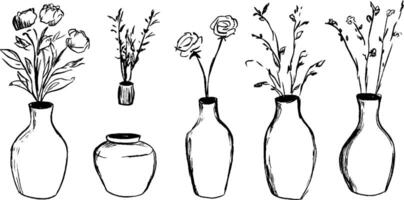 Hand-Drawn Vases with Floral Arrangements vector