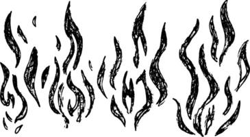 A collection of stylized black flame illustrations, showcasing various shapes and sizes of flames. The design has a textured, hand-drawn appearance, suitable for graphic design and artistic projects. vector