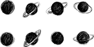 A collection of hand-drawn planets, featuring various designs including rings and different sizes. The style is sketchy and artistic, showcasing creativity in planetary representation. vector