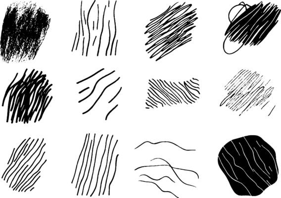 A collection of abstract black and white textures featuring various line patterns and strokes. The designs include scribbles, wavy lines, and solid shapes, showcasing artistic variety.