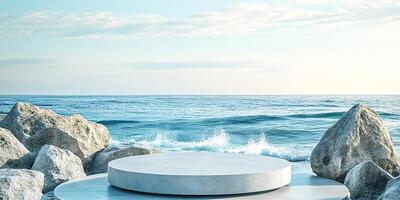 3d presentation pedestal made of stone in the ocean. 3d rendering of mockup of presentation podium for display or advertising purposes. photo