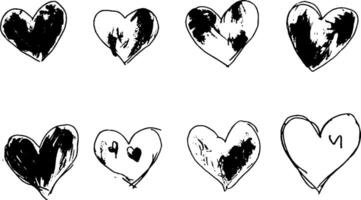 A collection of hand-drawn hearts in various styles, featuring different patterns and textures. The hearts are in black and white, showcasing artistic variations. vector