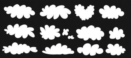 Simple white clouds set. Cute and kawaii elements collection on transparent bg like a . naive art illustration. vector