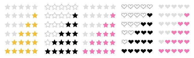 set of rating and vote icons with stars and hearts. Quality review symbols for evaluation and ranking. Flat design elements for UI, app interface, and web classification. vector