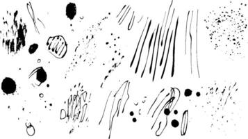 A collection of abstract black ink splatters and brush strokes on a white background, showcasing various shapes and textures. vector