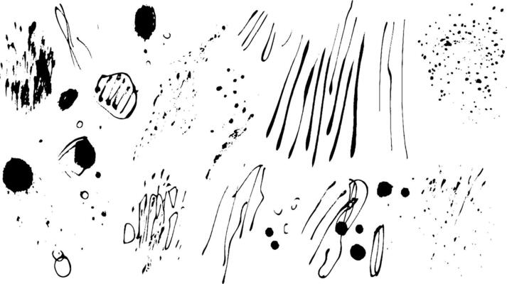 A collection of abstract black ink splatters and brush strokes on a white background, showcasing various shapes and textures.