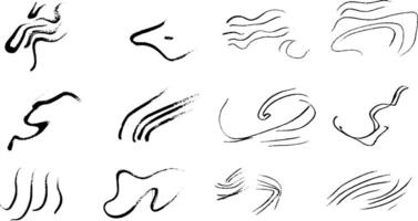 A collection of abstract black brush strokes and lines, showcasing various fluid shapes and patterns. Ideal for artistic backgrounds or design elements. vector