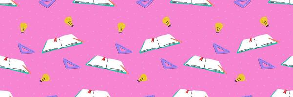 A contemporary seamless pattern with a Back to School theme. Pink bright background with doodles and open book , light bulb - idea and ruler. Trendy illustration. Banner for student vector