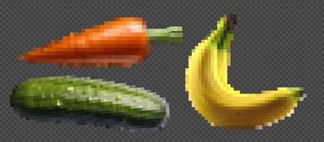 Pixel art set featuring banana, cucumber, and carrot icons. Trendy, adult-themed food emoticons with censorship. Retro design elements like stickers and labels for health, produce, and supermarket. vector
