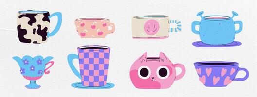 A set of ceramic mugs and a groovy style. With different textures and patterns and prints. Organic shapes. contemporary illustration vector