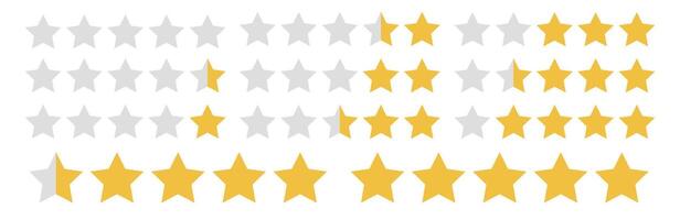 star icon set with rating bar for review and evaluation. Flat yellow symbols for rank, vote, and feedback. Isolated design template for app interface, premium quality. vector