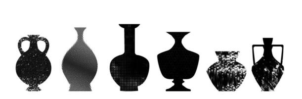 A set of trendy ceramics vases with halftone textures. Grunge background with dots. contemporary illustration with cut out elements vector