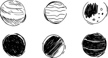 A collection of six hand-drawn planets, each with unique textures and patterns. The designs vary from striped to dotted and shaded, showcasing a creative interpretation of celestial bodies. vector