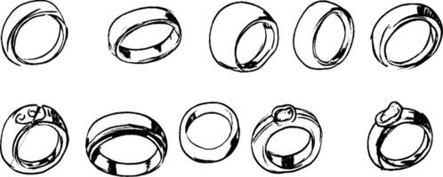 A collection of hand-drawn rings in various styles, including simple bands and decorative designs. The rings vary in thickness and embellishments, showcasing a range of jewelry options. vector