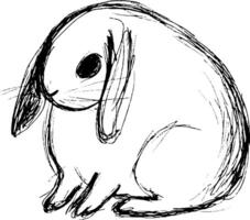 A simple, hand-drawn sketch of a rabbit sitting down. The rabbit has long ears, a round body, and a cute expression. The lines are rough and artistic, giving it a whimsical feel. vector