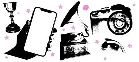 Collage art elements featuring phone, gramophone, camera, and eye. Vintage pop graphics with halftone effects and hand cut paper cutouts. Retro and contemporary design for media. vector