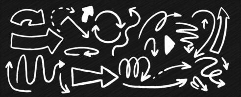 A set of different arrows drawn in chalk on a blackboard. Texture strips are smooth and swirled. White color on black background. modern illustration elements. vector