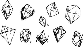 A collection of hand-drawn sketches of various geometric crystals and gemstones, showcasing different shapes and angles. vector