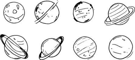 A collection of hand-drawn illustrations of planets, featuring various designs including rings and textures, arranged in a grid format. vector