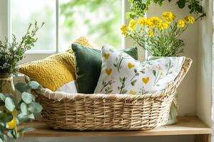 Rustic wicker basket filled with plush pillows in muted greens, mustard yellow, and floral patterns photo