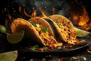 Delicious Ground Beef Tacos with Melted Cheese and Cilantro Served on a Sizzling Plate with Limes and Flaming Background photo