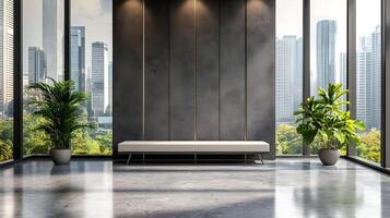 Spacious office lobby with floor-to-ceiling windows and minimalist decor photo