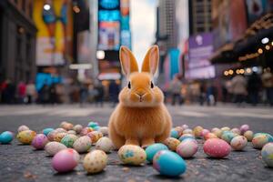 A fluffy rabbit surrounded by colorful Easter eggs in an urban setting, creating a whimsical and festive atmosphere photo