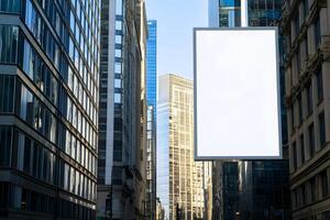 White blank billboard on an old Hong Kong building with modern skyscrapers in the background photo