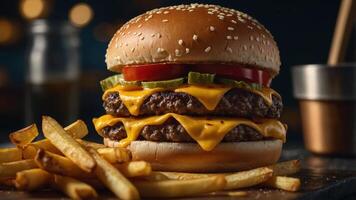Mouthwatering double cheeseburger with crispy fries for a delightful culinary experience photo