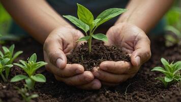 Caring for New Life, Hands Nurturing a Young Plant in Rich Soil photo